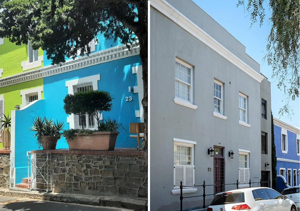 un edificio azul y un coche blanco estacionado frente a un edificio en Purple House Accommodations, en Ciudad del Cabo