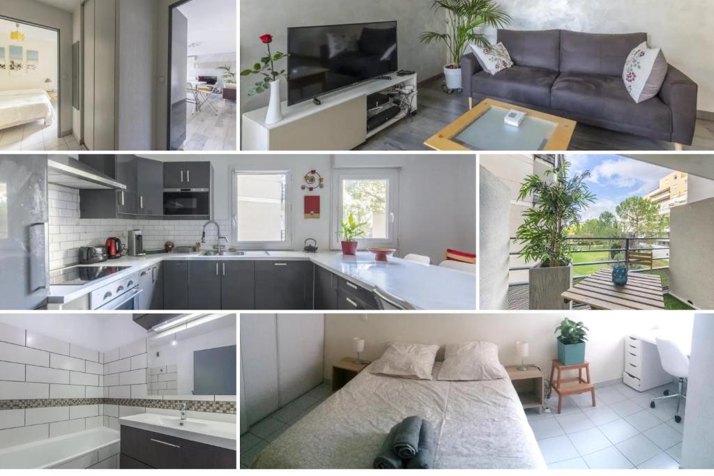 a collage of photos of a kitchen and a living room at Superbe Appt Port Marianne, Parking Privé, 4 personnes in Montpellier