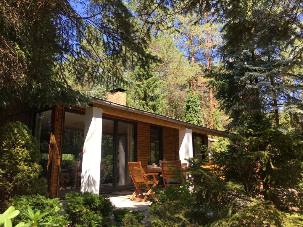 Bungalow im Wald في Borkwalde: كابينة في الغابة مع طاولة وكراسي