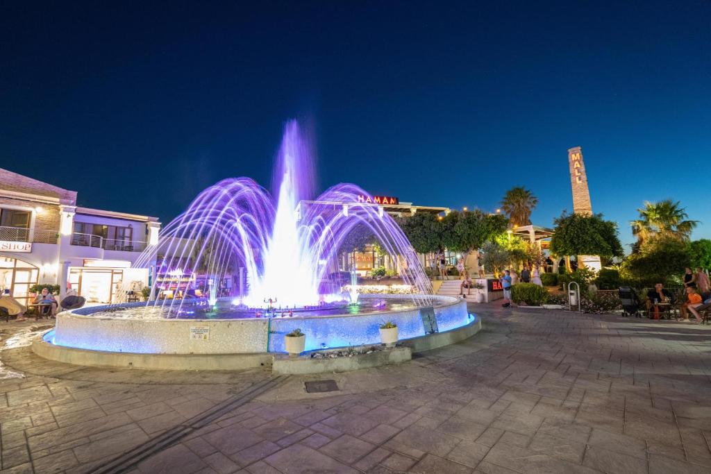 a fountain with purple lights in a city at night at Tigaki Mall Hostel in Tigaki