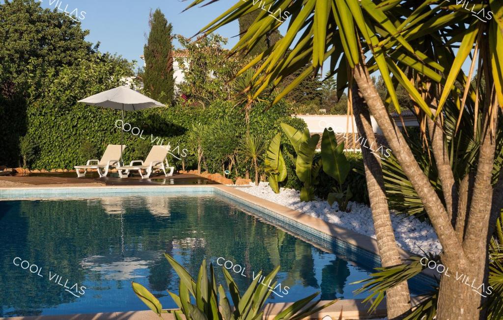 una piscina con 2 sillas y una sombrilla en Villa Gardenia - sea view, wifi, games room, en Albufeira
