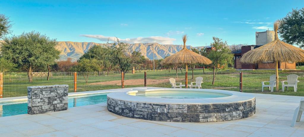 - une piscine avec une terrasse dotée d'un barbecue dans l'établissement Cabañas Doña Juana, à Nono