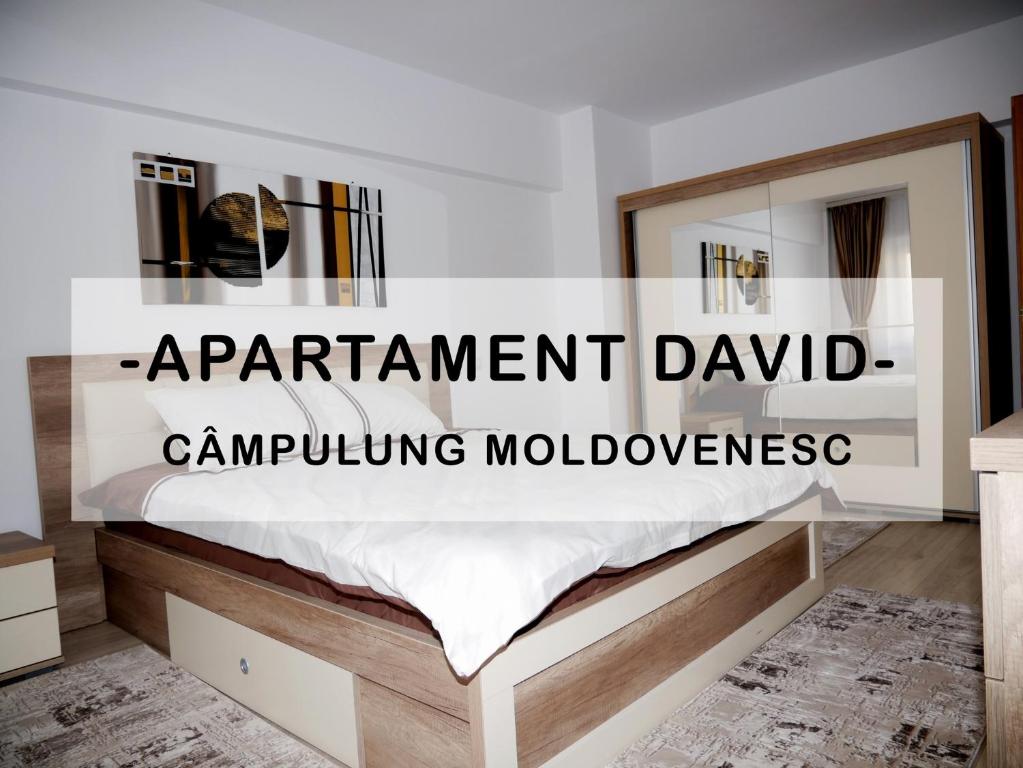 una camera con letto con le parole "appartamento pagabile modulazione compuolving" di Apartament David a Câmpulung Moldovenesc