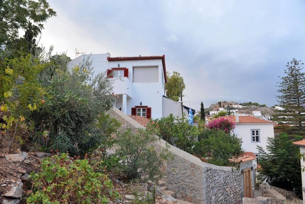 a white house on a hill with plants at Villa Leonard - Comfort Villa in Hydra