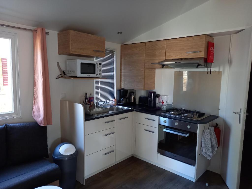 Kuchyňa alebo kuchynka v ubytovaní mobile home 477 Bois Dormant camping 4*