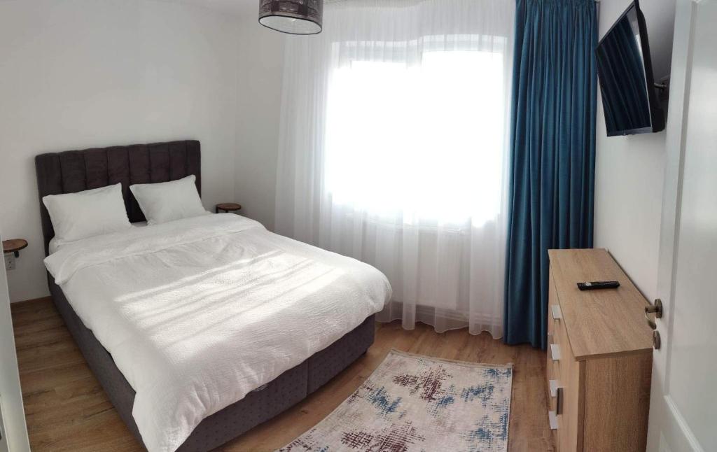 a bedroom with a large bed and a window at Cavnic Hills Apartments in Cavnic