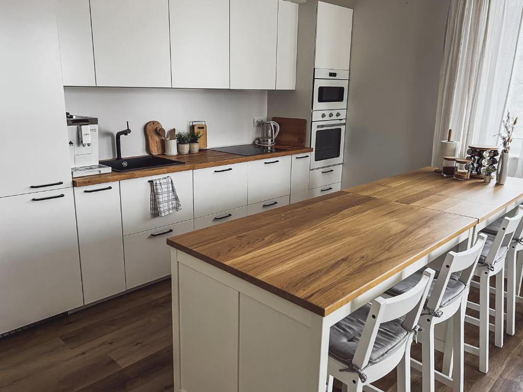 Kuchyň nebo kuchyňský kout v ubytování Apartmány Zahražany
