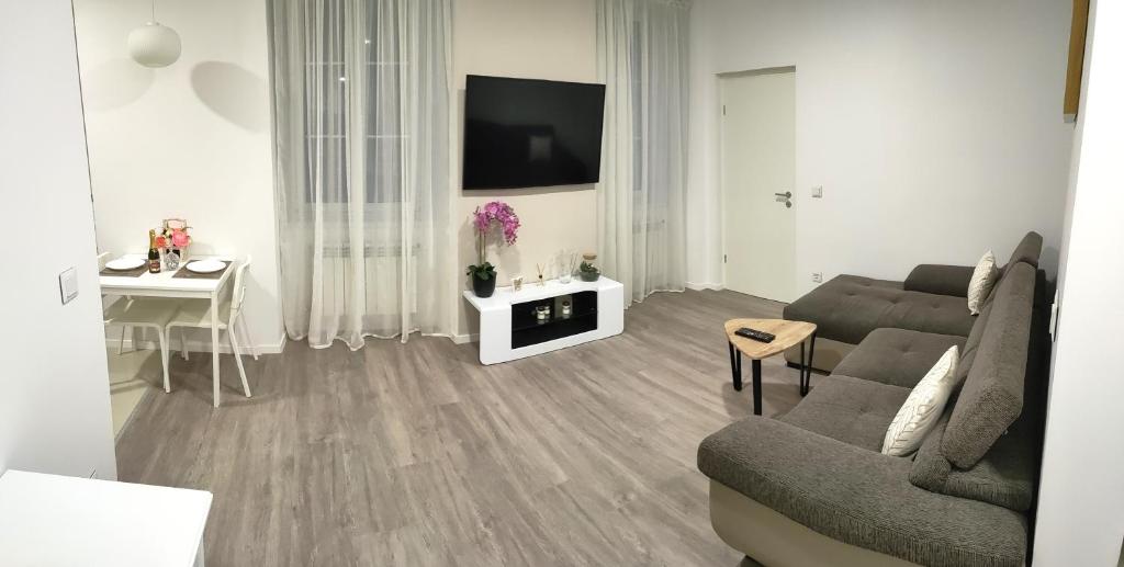 ein Wohnzimmer mit einem Sofa und einem Tisch in der Unterkunft Balance appartment - Le Locle in Le Locle