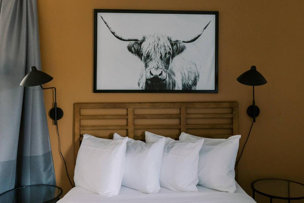 a black and white picture of a bull hanging above a bed at Unit 211 - The Lyndon 1 Bed - Cation on the Guadalupe in New Braunfels
