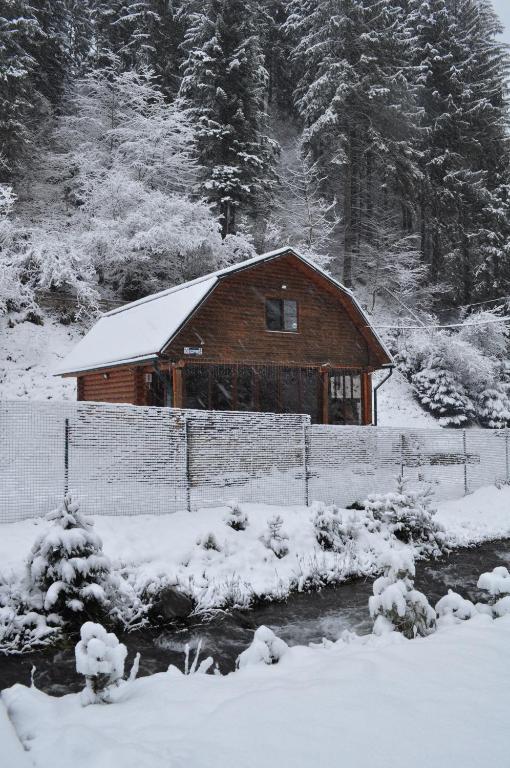 a log cabin in the snow next to a river at Гостьовий дім Секвойя in Verkhniy Bystryy