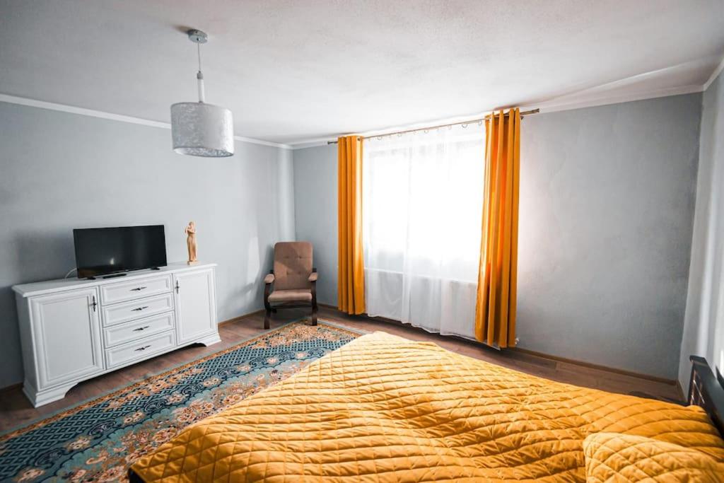 a bedroom with a bed and a tv and a window at Casa cu Dor in Viştea de Sus