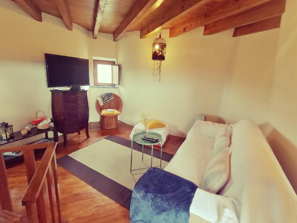 a living room with a couch and a tv at The Windhouse in São Bartolomeu