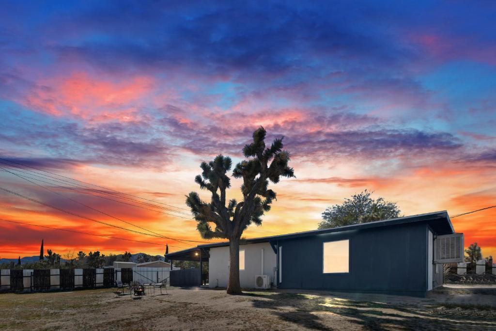 a tree in front of a house with a sunset at Desert Serenity in Yucca/Joshua Tree w/AC & Fire pit in Yucca Valley