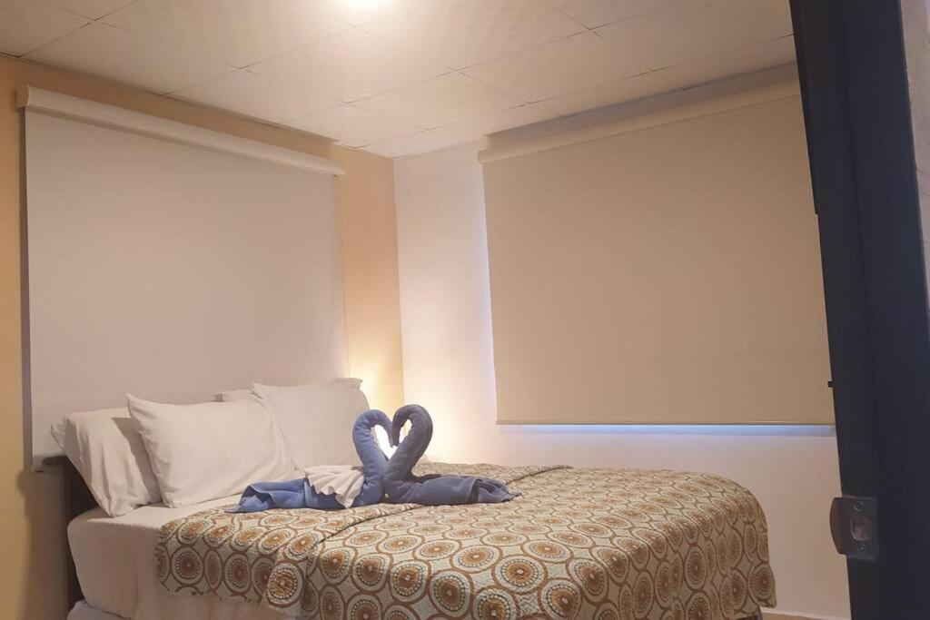 Un dormitorio con una cama con dos cisnes. en Casita Independiente, Ubicada Atrás de Nuestra Casa en David