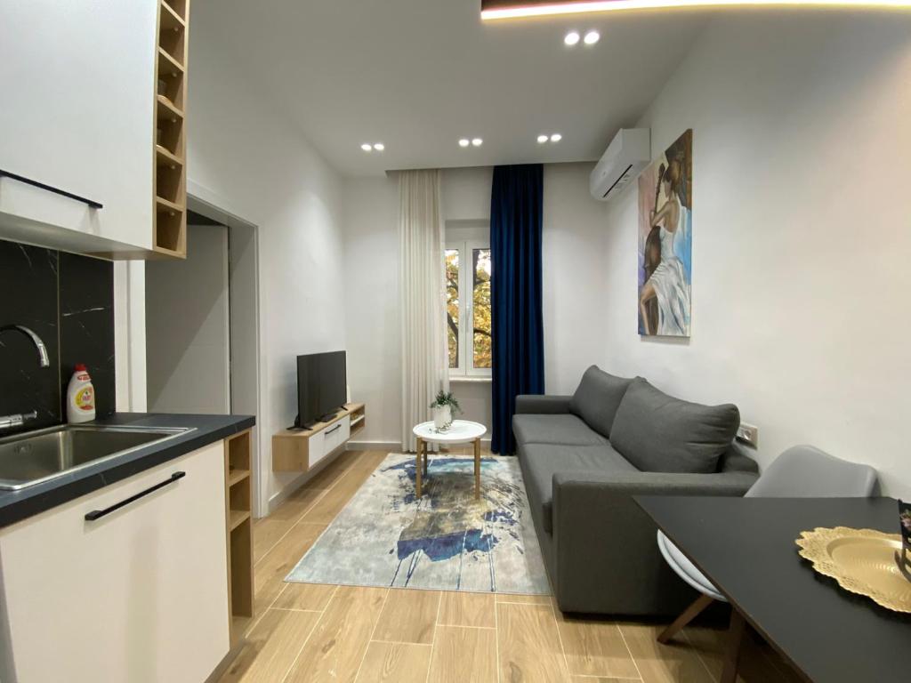 a kitchen and living room with a couch and a table at Luxury Apartament in Blloku in front of Taiwan in Tirana
