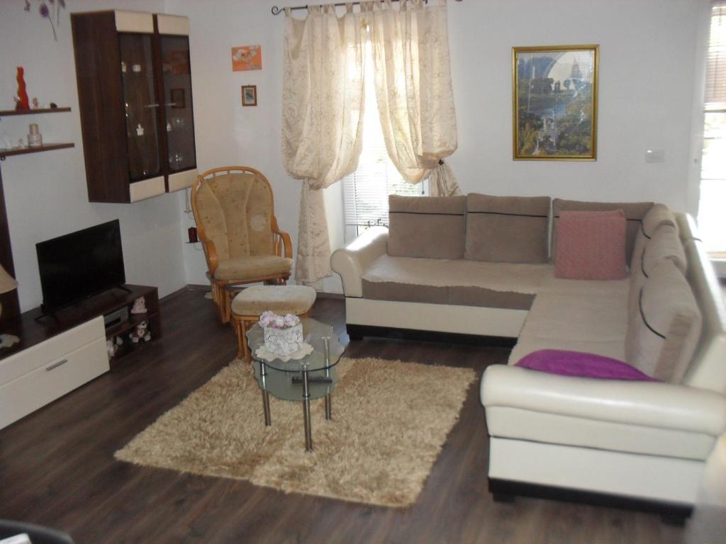 Apartment in Zaton (Zadar) with Air conditioning, WIFI, Washing machine (4828-1) في زاتون: غرفة معيشة مع أريكة وطاولة