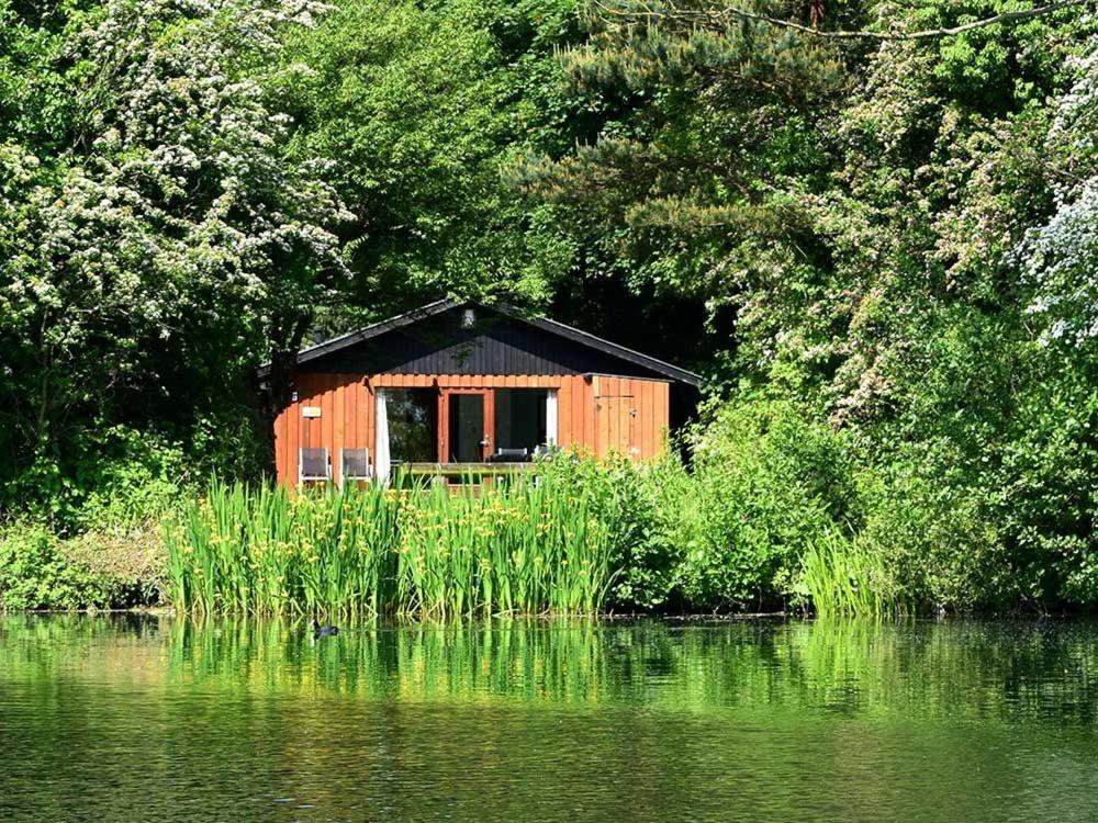 a small wooden cabin next to a body of water at Beech Lodge 6 Hot Tub in York