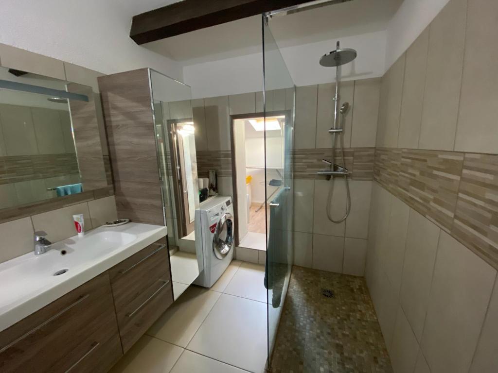 ein Badezimmer mit einer Dusche, einem Waschbecken und einer Waschmaschine in der Unterkunft Portissol - Le Printania in Sanary-sur-Mer