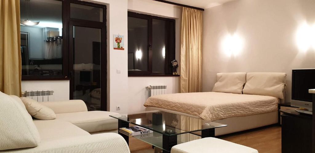 a living room with a couch and a table at Charming Winter Studio in Borovets
