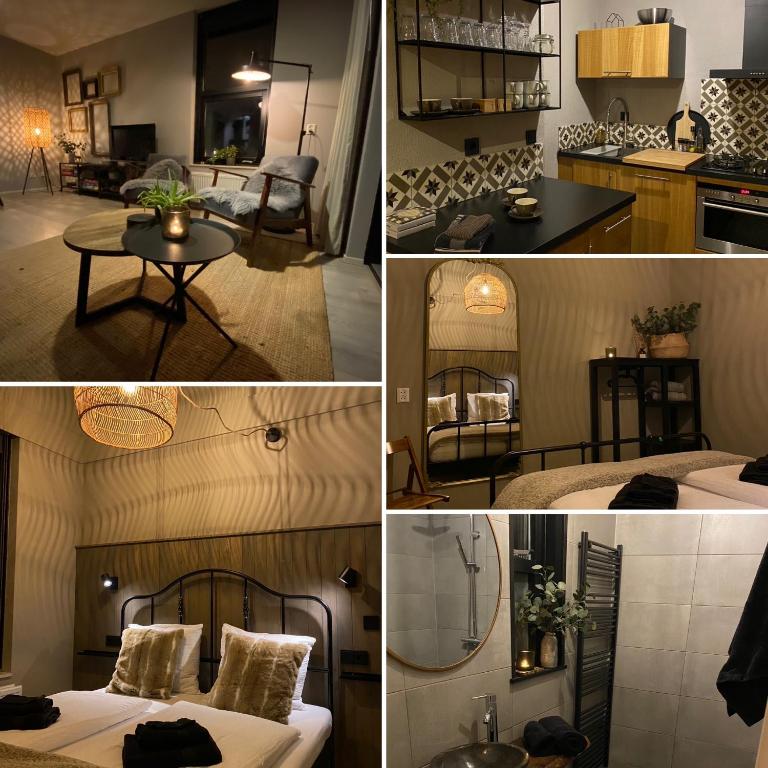 a collage of pictures of a room with a bed and a table at Huusje18 in Nunspeet
