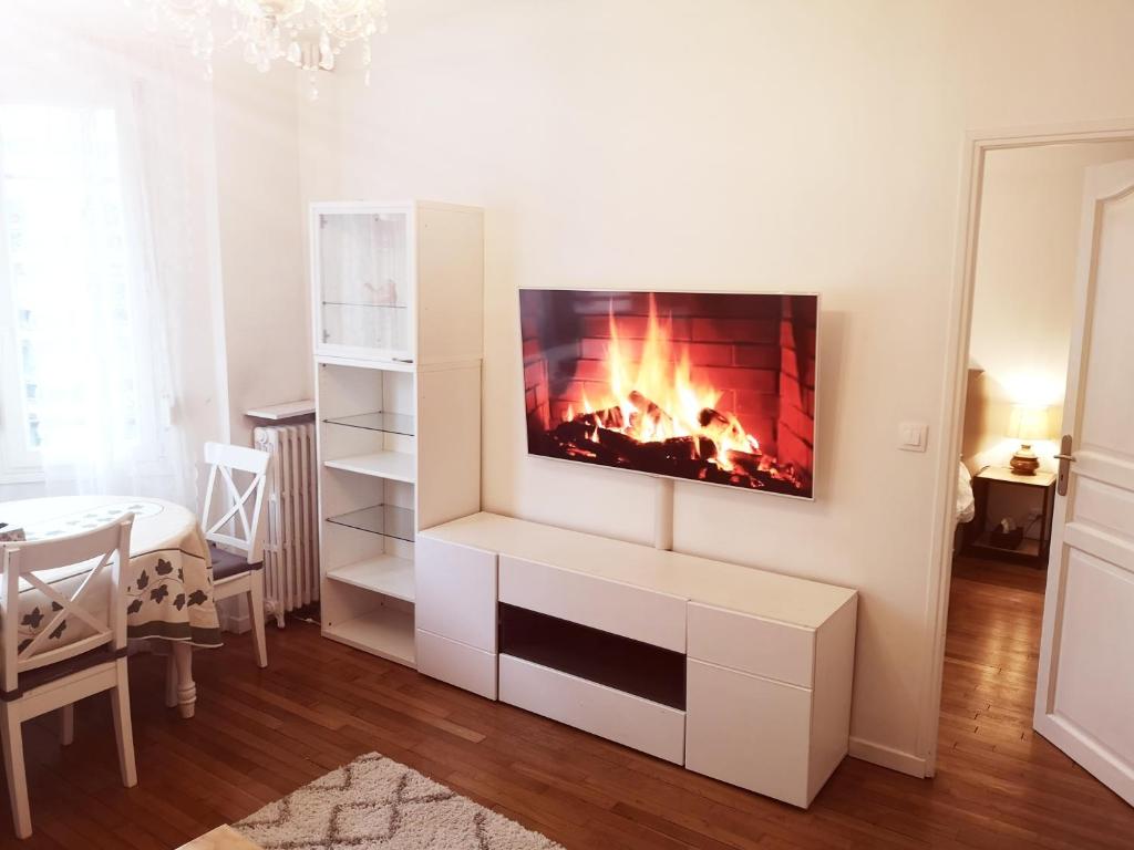 sala de estar con chimenea en la pared en Cosy Appart Prince Auteuil en París