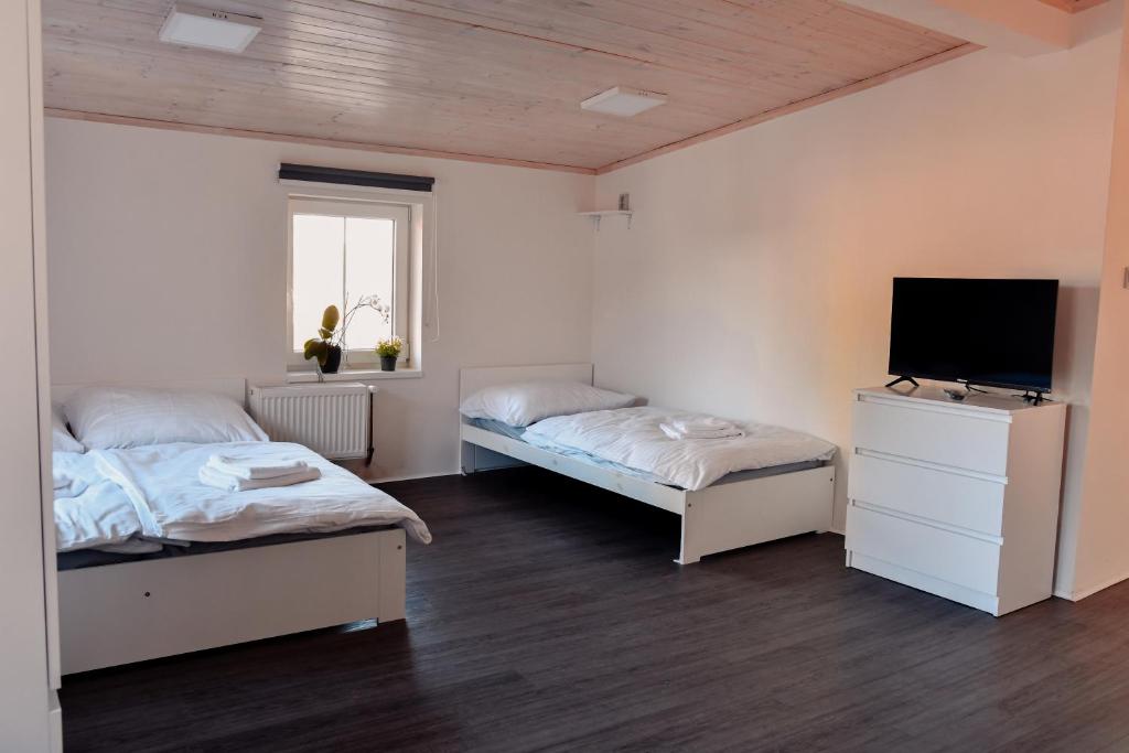 a room with two beds and a television in it at Apartmány Centrum in Nový Bor