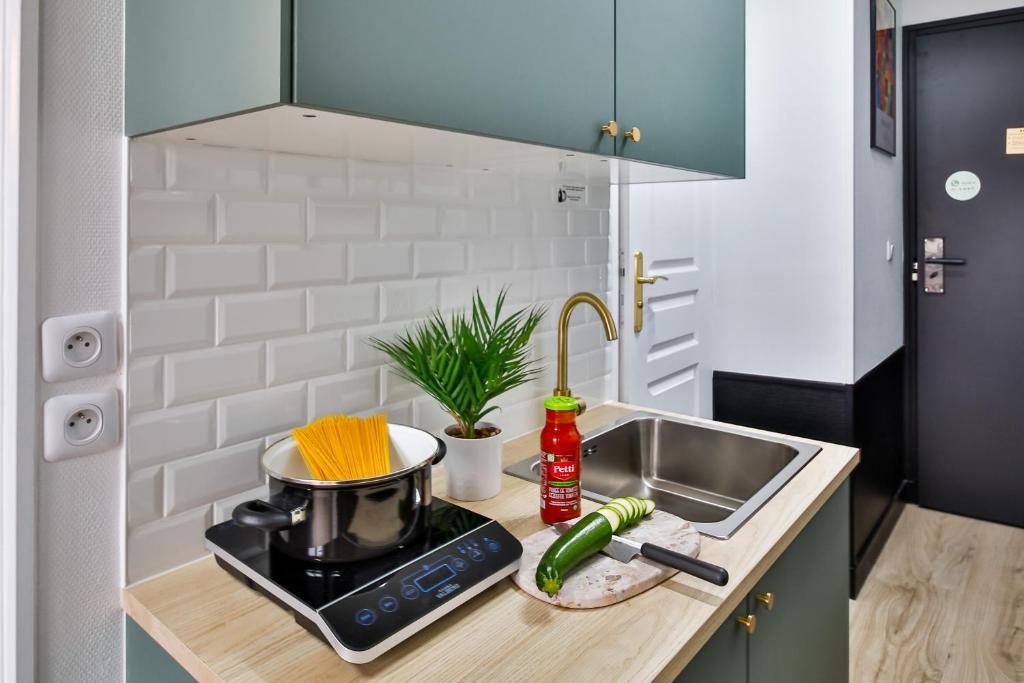 a small kitchen with a sink and a stove at Apartments WS Tour Eiffel - Laos in Paris