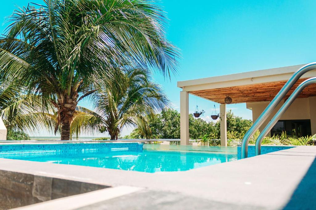 a swimming pool with a slide and palm trees at Hotel Tuparenda in Bacalar