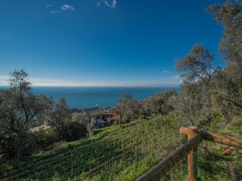a house on a hill with the ocean in the background at Agriturismo S.Ilario in Genoa