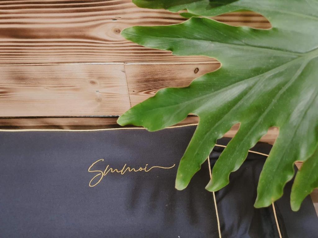 a close up of a leaf on a wooden table at Bách Xanh House. Triangle Bungalow in Tam Ðảo