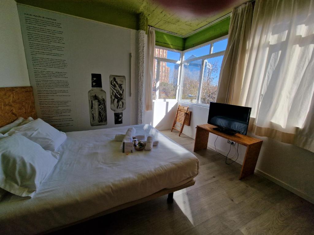 um quarto com uma cama, uma televisão e uma janela em La Posada de El Chaflán em Madri