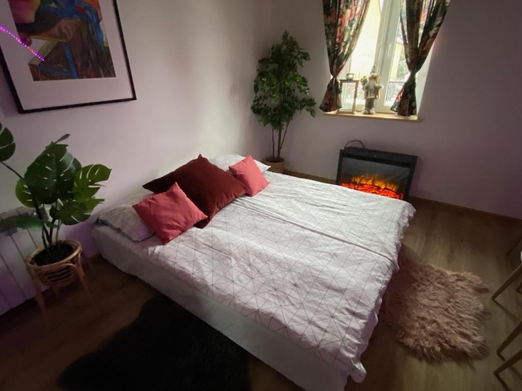 1 dormitorio con 1 cama con sábanas blancas y almohadas rojas en Agroturystyka Siedlisko, 