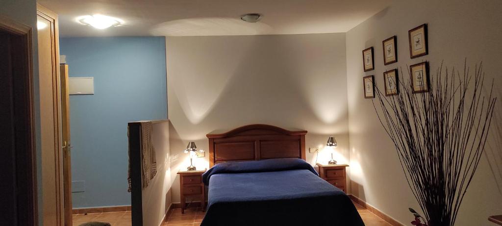 1 dormitorio con 1 cama con manta azul en Apartamentos Turísticos La Casa de Dafne en Santo Tomé del Puerto