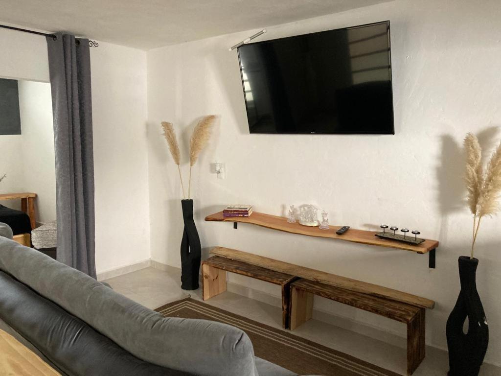 sala de estar con sofá y TV en la pared en Depa wifi en corredor de balnearios, en Ixmiquilpan