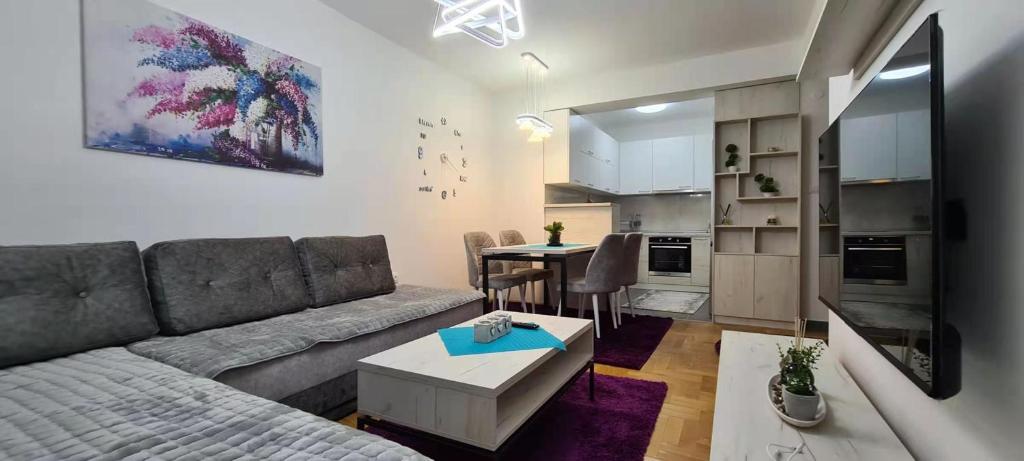 ein Wohnzimmer mit einem Sofa und einem Tisch in der Unterkunft Stylish Violet & Modern Apartment in Skopje