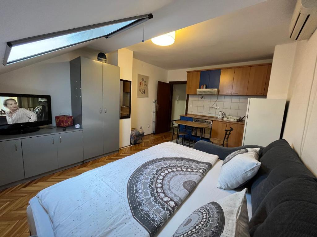 Cet appartement comprend une chambre avec un lit et un canapé ainsi qu'une cuisine. dans l'établissement Studio in the centre of Novi Sad, à Novi Sad