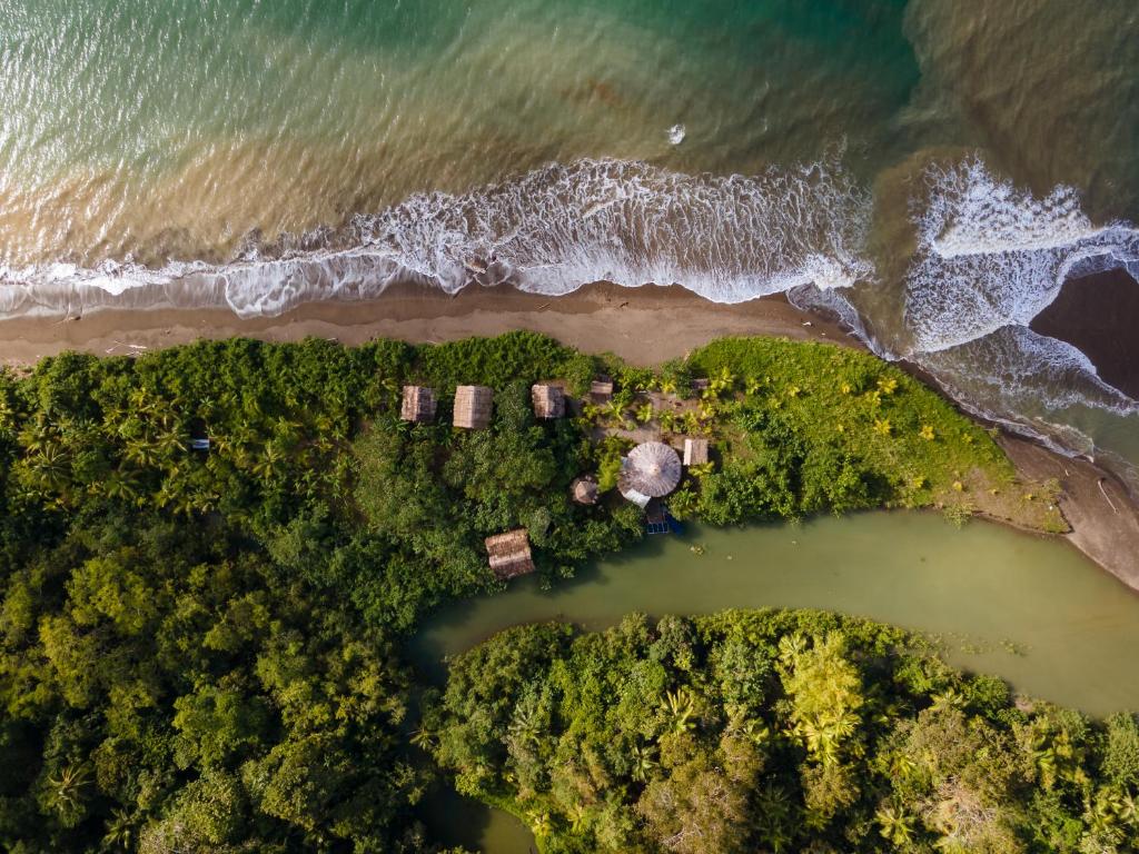 an aerial view of a beach and the ocean at El Vijo Surf in Nuquí