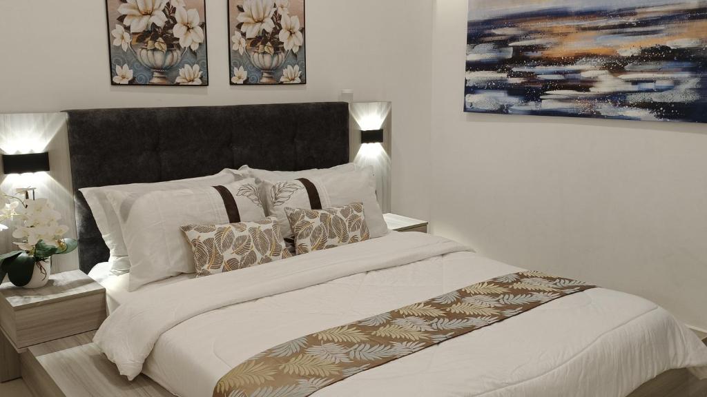 クアンタンにあるOrchid Guesthouse Kuantanのベッドルーム(大きな白いベッド、枕付)