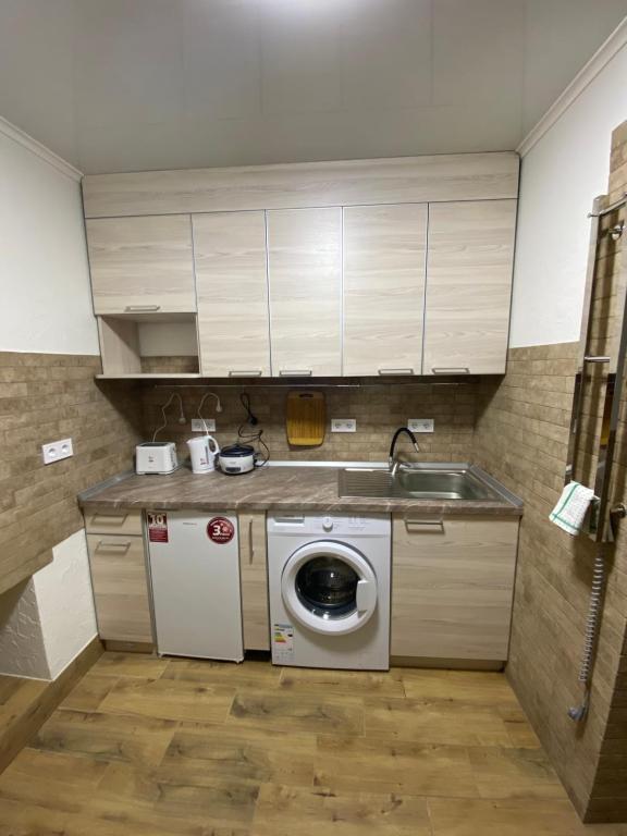 a kitchen with a washing machine and a sink at Апартаменти біля Філармонії in Chernivtsi