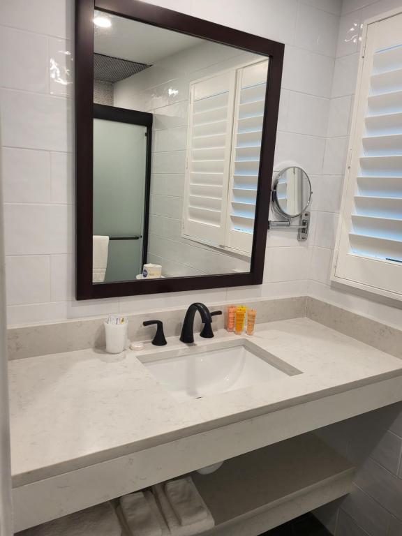 a bathroom with a sink and a mirror at Devon Shores in Clearwater Beach
