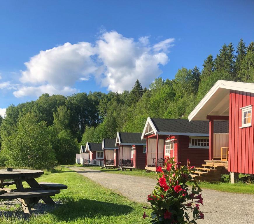 eine Reihe von Häusern mit einem Picknicktisch davor in der Unterkunft Lystang Glamping & Cabins in Notodden
