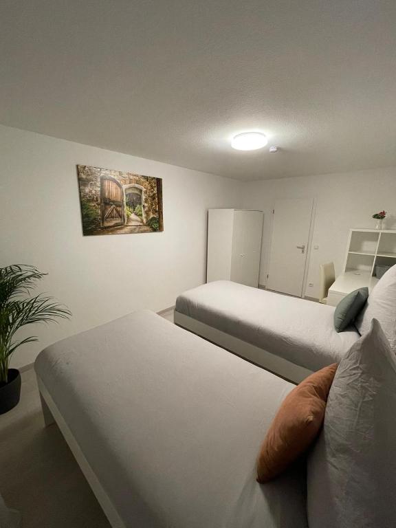 - une chambre avec deux lits et une plante en pot dans l'établissement Appartment Relax&Easy, à Karlsruhe