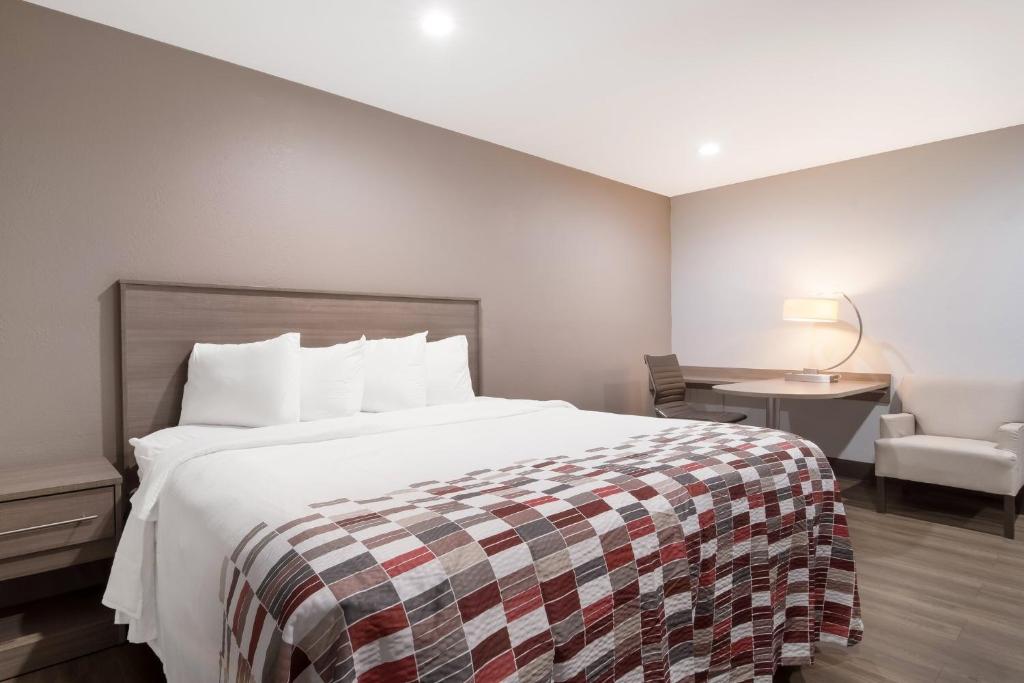una camera d'albergo con letto e sedia di Red Roof Inn Rocky Mount - Battleboro a Battleboro