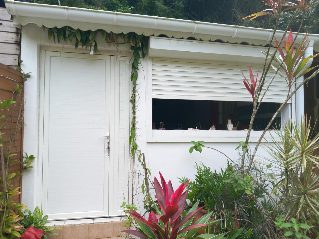 une porte de garage blanche avec une fenêtre et des plantes dans l'établissement Chez cloclo, au Gosier