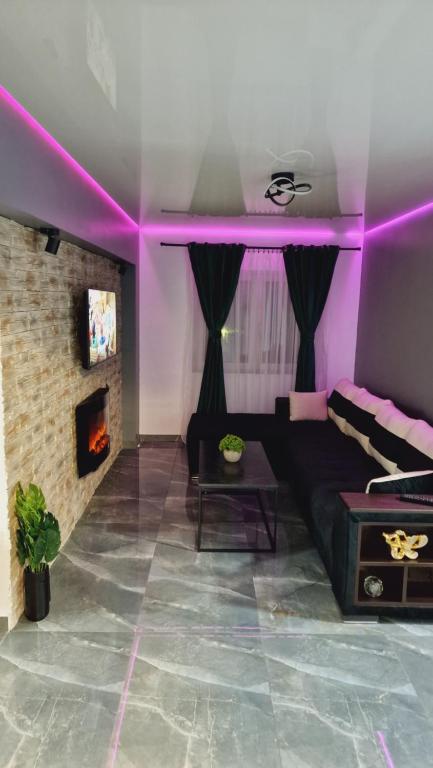 ein lila Zimmer mit einem Sofa und einem Kamin in der Unterkunft Divine House Straja in Lupeni