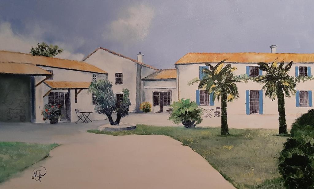 una pintura de una casa con palmeras y una entrada en LA ROCHELLE LODGE en Sainte-Soulle