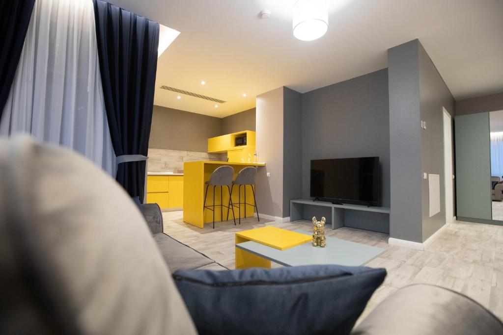 a living room with a couch and a tv at Omnia Apartments in Iaşi