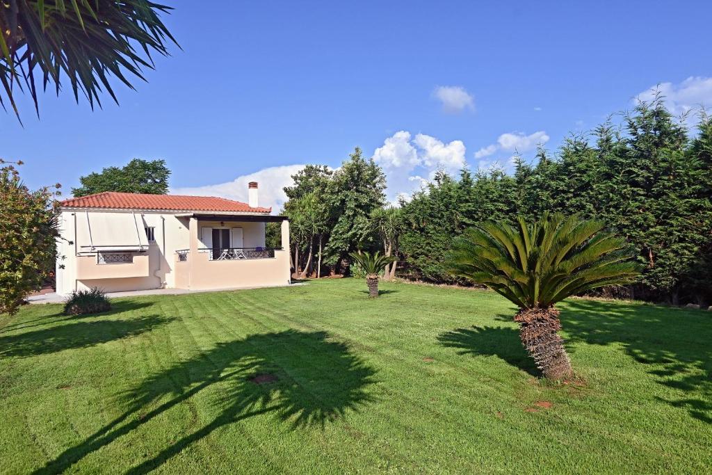 une maison avec un palmier dans une cour dans l'établissement Lagouvardos Apartments, à Marathopolis