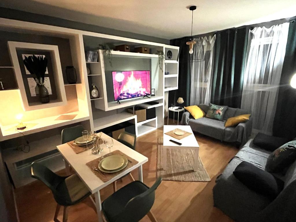 a living room with a couch and a tv at La Coulée Verte - Vue dégagée in Reims