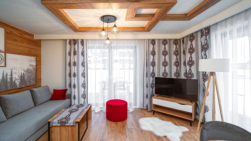 a living room with a couch and a tv at Apartamenty Sun & Snow Resorts D Białka Tatrzańska z sauną in Białka Tatrzańska